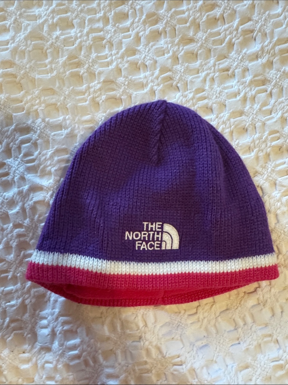 The North Face Purple Beanie with Pink and White Stripe - Kids